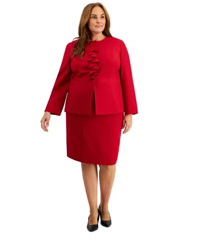 Le Suit Plus Size Cascade Ruffle Skirt Suit In Cherry