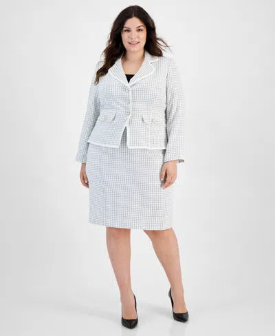 Le Suit Plus Size Check Print Contrast Trim Skirt Suit In Natural White,black