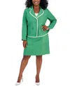 Le Suit Plus Size Check Print Contrast Trim Skirt Suit In Verde,natural White