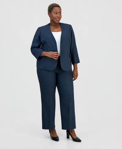Le Suit Plus Size Collarless One-button Jacket & Fly-front Wide-leg Pants Suit In Blue