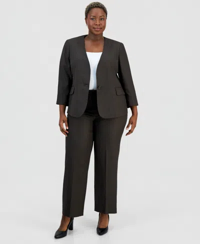 Le Suit Plus Size Collarless One-button Jacket & Fly-front Wide-leg Pants Suit In Gray