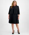 Le Suit Plus Size Collarless Open-front Bolero & Scoop-neck Sleeveless Fit & Flare Dress In Black
