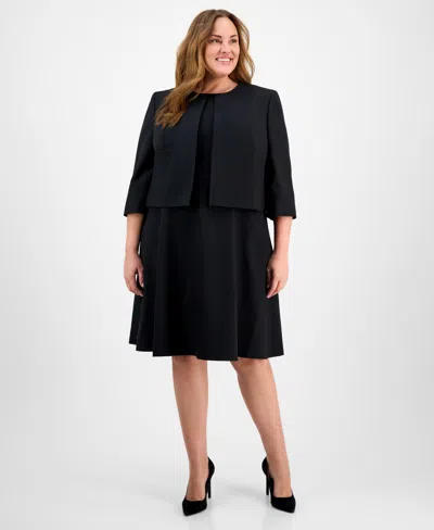 Le Suit Plus Size Collarless Open-front Bolero & Scoop-neck Sleeveless Fit & Flare Dress In Black