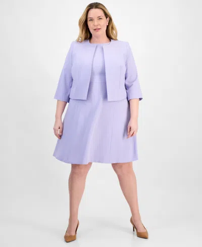 Le Suit Plus Size Collarless Open-front Bolero & Scoop-neck Sleeveless Fit & Flare Dress In Lilac