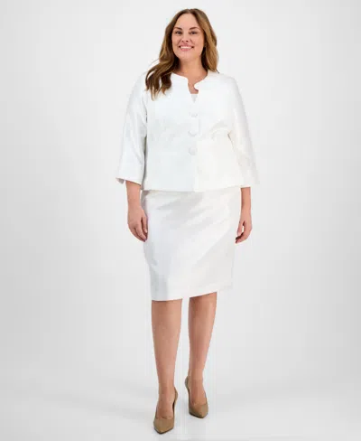 Le Suit Plus Size Collarless Three-button 3/4-sleeve Jacket & Slim Skimmer Skirt In Natural White