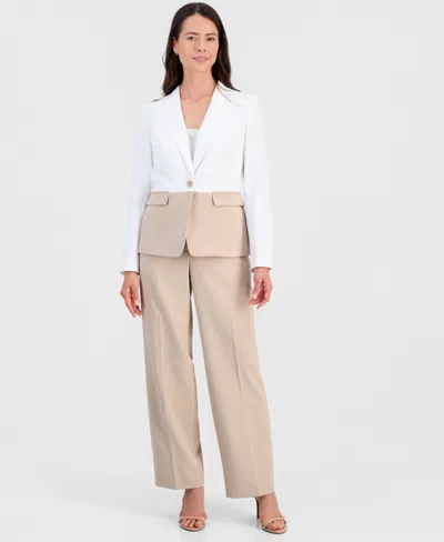 Le Suit Plus Size Colorblocked One-button Peplum Jacket & Fly-front Wide-leg Pants Suit In Multi