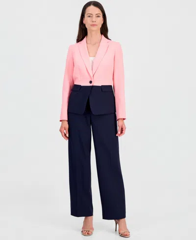 Le Suit Plus Size Colorblocked One-button Peplum Jacket & Fly-front Wide-leg Pants Suit In Black