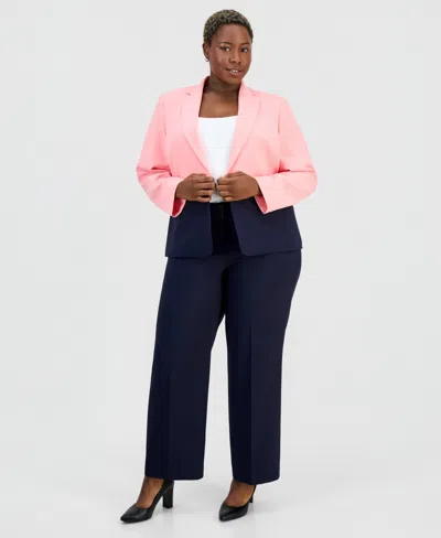 Le Suit Plus Size Colorblocked One-button Peplum Jacket & Fly-front Wide-leg Pants Suit In Blue