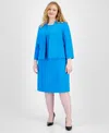 Le Suit Plus Size Crepe Open Front Jacket And Crewneck Sheath Dress Suit In Azure