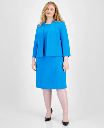 Le Suit Plus Size Crepe Open Front Jacket And Crewneck Sheath Dress Suit In Azure