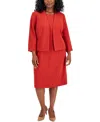 Le Suit Plus Size Crepe Open Front Jacket And Crewneck Sheath Dress Suit In Brick