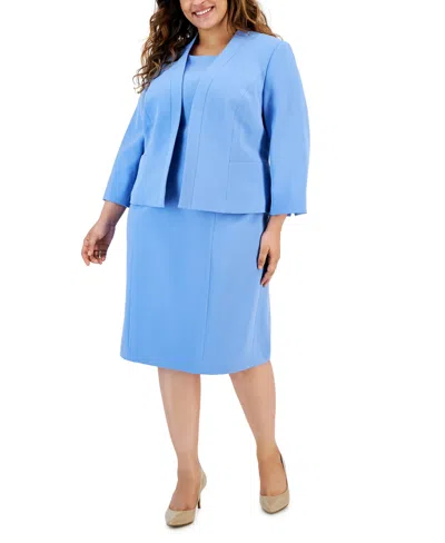 Le Suit Plus Size Crepe Open Front Jacket And Crewneck Sheath Dress Suit In Blue