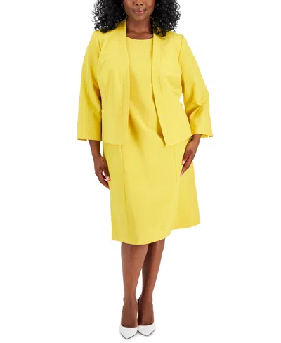 Le Suit Plus Size Crepe Open Front Jacket And Crewneck Sheath Dress Suit In Golden Sunset