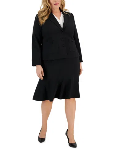 Le Suit Plus Size Crepe Three-button Flounce-skirt Suit In Black