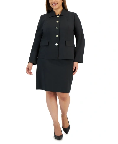 Le Suit Plus Size Crepe Wing-collar Jacket & Slim Skirt Suit In Black