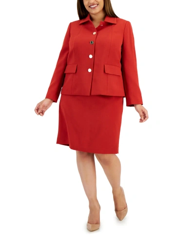 Le Suit Plus Size Crepe Wing-collar Jacket & Slim Skirt Suit In Brick