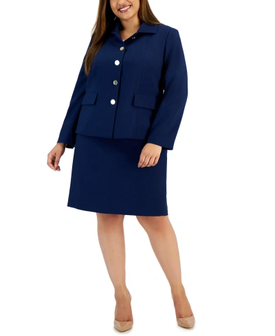 Le Suit Plus Size Crepe Wing-collar Jacket & Slim Skirt Suit In Indigo