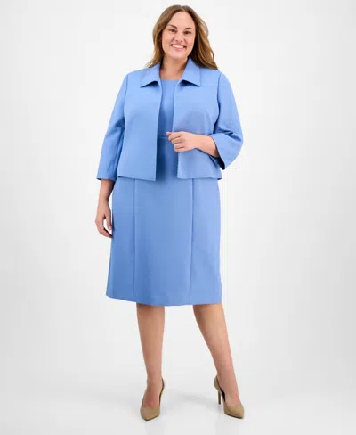 Le Suit Plus Size Cropped Open-front Jacket & Empire-seamed Sheath Dress In Pale Blue