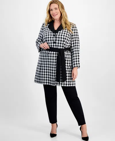 Le Suit Plus Size Houndstooth Belted Pantsuit In Black,white