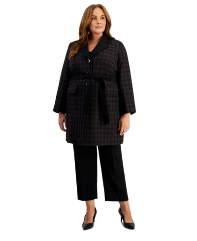 Le Suit Plus Size Houndstooth Belted Pantsuit In Espresso,black