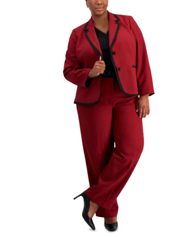 Le Suit Plus Size Houndstooth Framed Double-button Jacket & Straight-leg 2-pc. Pantsuit In Cherry,black