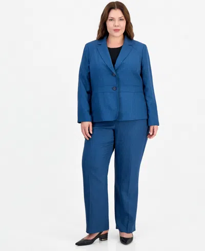 Le Suit Plus Size Houndstooth Wide-leg Jacket And Pants, 2-piece Suit In Blue