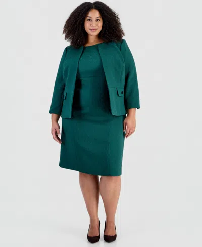 Le Suit Plus Size Jacquard Cardigan And Empire-seamed Dress, 2-piece Set In Green