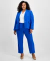 Le Suit Plus Size Notch-collar Two-button Seamed Jacket & Fly-front Straight-leg Pants In Cabana Blue
