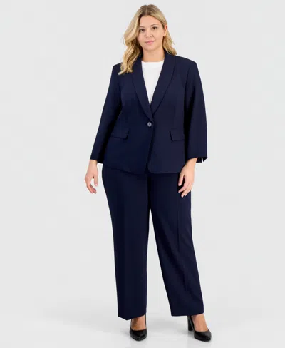 Le Suit Plus Size One-button 3/4-sleeve Pantsuit In Blue