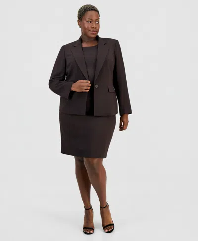 Le Suit Plus Size One-button Peplum Jacket & Basic Sheath Dress Suit In Brown