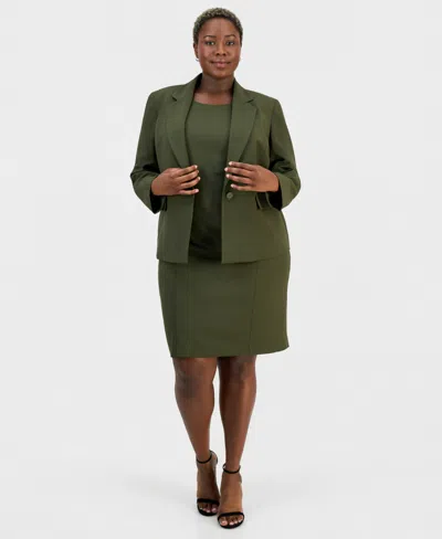 Le Suit Plus Size One-button Peplum Jacket & Basic Sheath Dress Suit In Green
