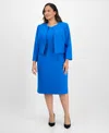 Le Suit Plus Size Open-front Collarless Jacket And Sheath Dress Suit Set In Blue