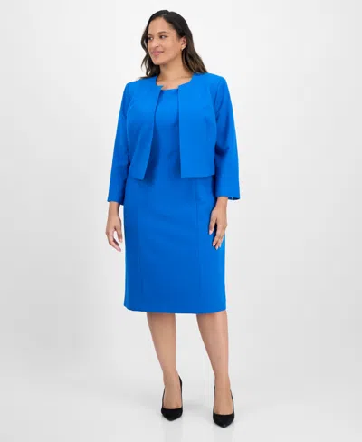 Le Suit Plus Size Open-front Collarless Jacket And Sheath Dress Suit In Blue