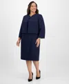 Le Suit Plus Size Open-front Collarless Jacket And Sheath Dress Suit In Blue