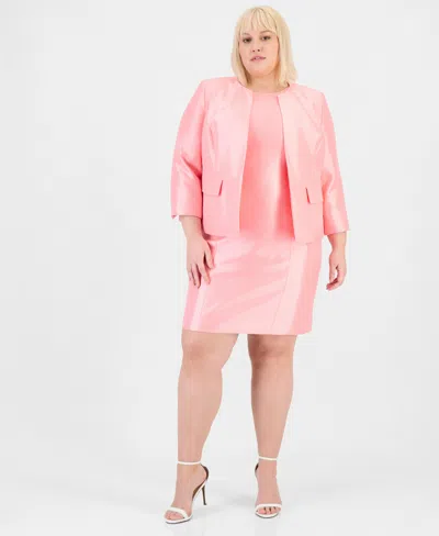 Le Suit Plus Size Open-front Jacket & Sleeveless Sheath Dress In Pink