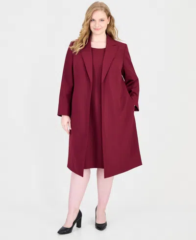 Le Suit Plus Size Peak Lapel Topper And Basic Sheath Dress, 2-piece Set In Bordeaux