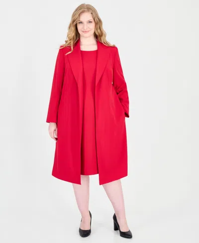 Le Suit Plus Size Peak Lapel Topper And Basic Sheath Dress, 2-piece Set In Cherry