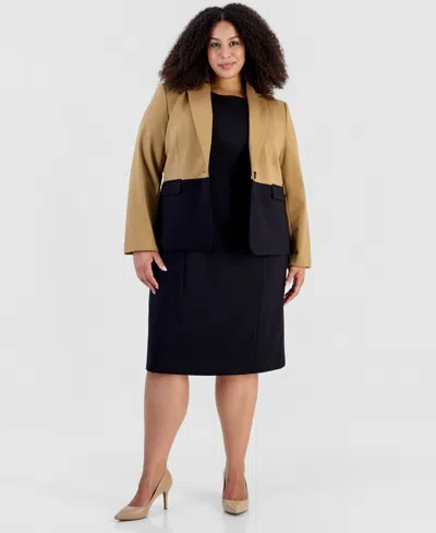 Le Suit Plus Size Peplum Empire-waist Seam Colorblock Jacket & Dress, 2-piece Set In Brown