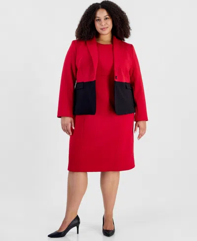 Le Suit Plus Size Peplum Empire-waist Seam Colorblock Jacket & Dress, 2-piece Set In Red