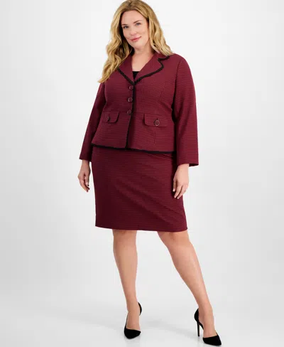 Le Suit Plus Size Printed Three-button Skirt Suit In Bordeaux Multi