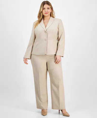 Le Suit Plus Size Shawl-collar Pant Suit In Dark Beige Multi