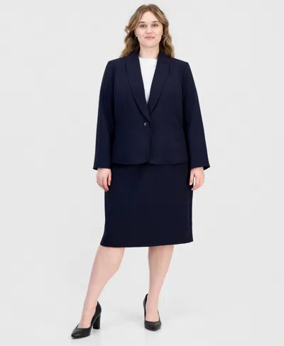 Le Suit Plus Size Shawl-collar One-button Jacket & Yoked Slim Skirt Suit In Blue
