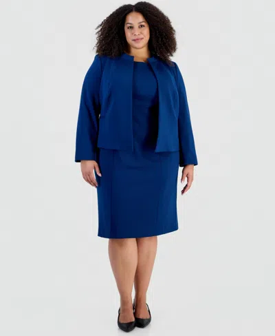 Le Suit Plus Size Stretch Ponte Empire-waist Jacket And Dress, 2-piece Suit In Blue