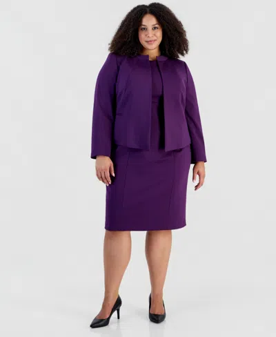 Le Suit Plus Size Stretch Ponte Empire-waist Jacket And Dress, 2-piece Suit In Purple