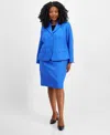 Le Suit Plus Size Textured Three-button Jacket & Skirt Suit In Cornflower