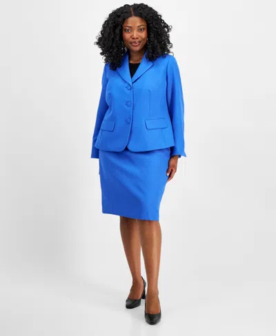 Le Suit Plus Size Textured Three-button Jacket & Skirt Suit In Cornflower