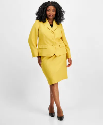 Le Suit Plus Size Textured Two-button Jacket & Skirt Suit In Saffron