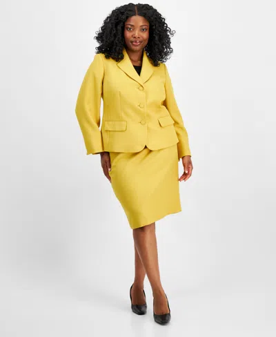 Le Suit Plus Size Textured Three-button Jacket & Skirt Suit In Saffron