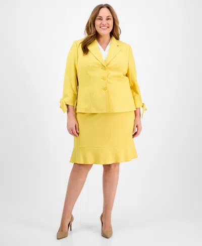 Le Suit Plus Size Three-button Tie-cuff Jacket & Flounce-hem Skirt In Golden Sunset