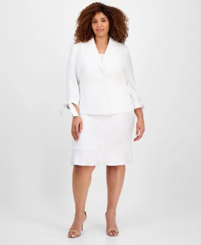 Le Suit Plus Size Three-button Tie-cuff Jacket & Flounce-hem Skirt In Natural White